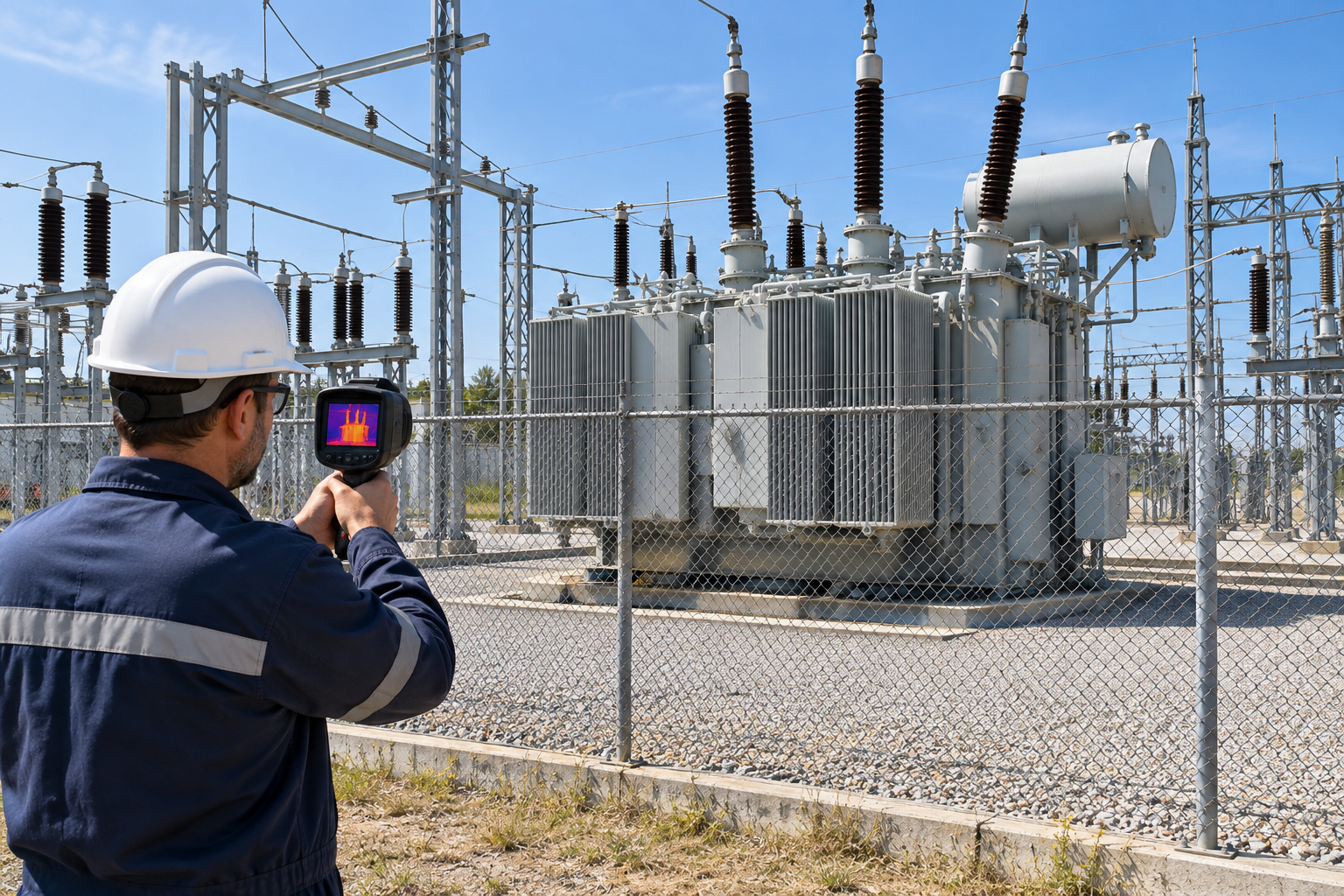 Illustrative outdoor electrical substation inspection from a perimeter observation position