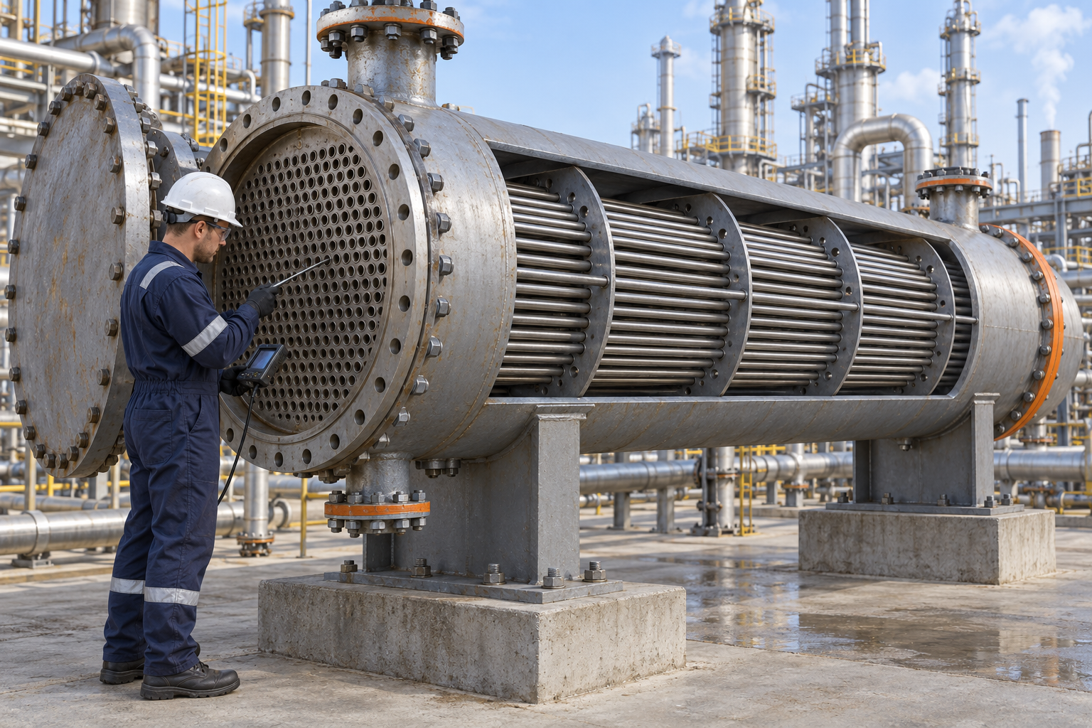 Shell-and-tube heat exchanger cutaway with tube bundle and inspection technician